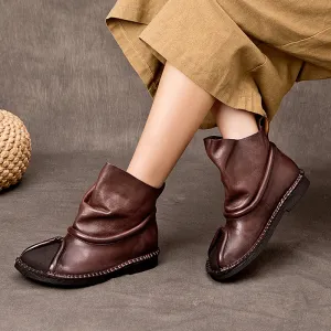 Wrinkled Leather Short Boots For Women Soft Ankle Boots Round Toe in Coffee